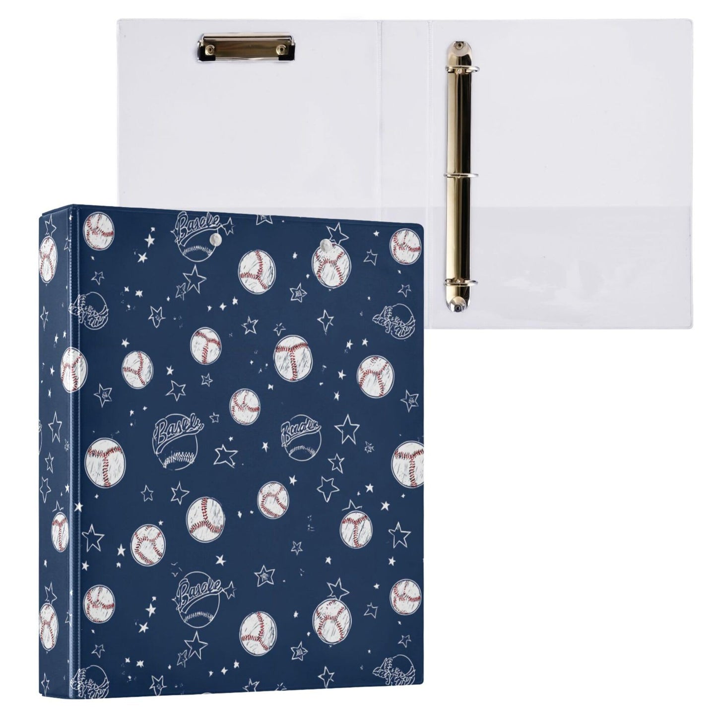 Baseballs and Stars Round Ring Binders 1.5 Inch Softball White Blue Purple 3 Ring Clipboard Binder for Office School Work Supplies File Folder 200 Sheet Capacity