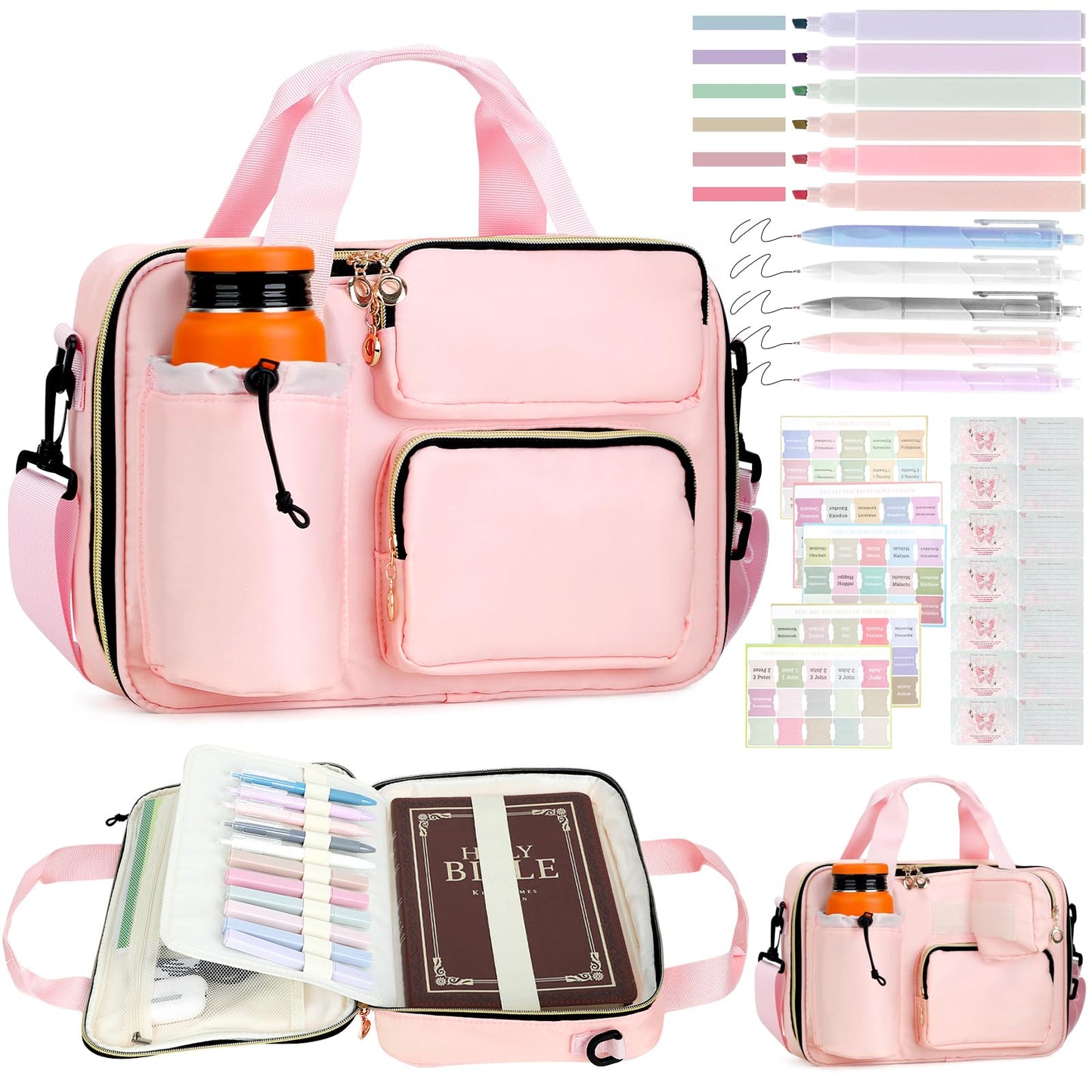 Bible Cover Case for Women, Large Bible Bag with Removable Pencil Case, Shoulder Strap and Highlighters for Bible Study Supplies, Church Bag Carrying Journaling Kit, Christian Gift for Women