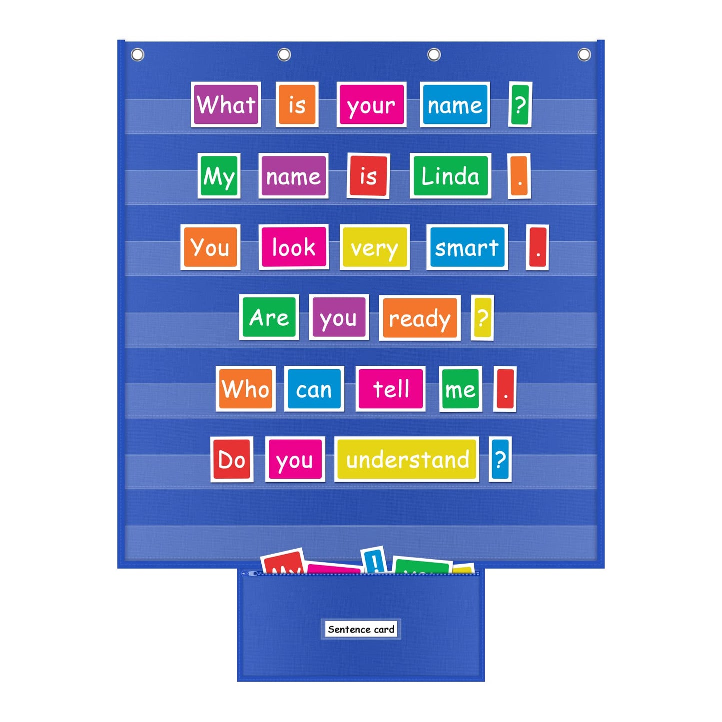 ALSLEA Standard Pocket Chart for Classroom with Zipper Storage Bag 28"x28" Wall Hanging File Display Pocket Chart with 7 Sentence Strips Holder Teacher Essential (Blue)