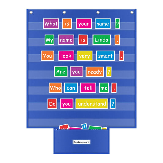ALSLEA Standard Pocket Chart for Classroom with Zipper Storage Bag 28"x28" Wall Hanging File Display Pocket Chart with 7 Sentence Strips Holder Teacher Essential (Blue)
