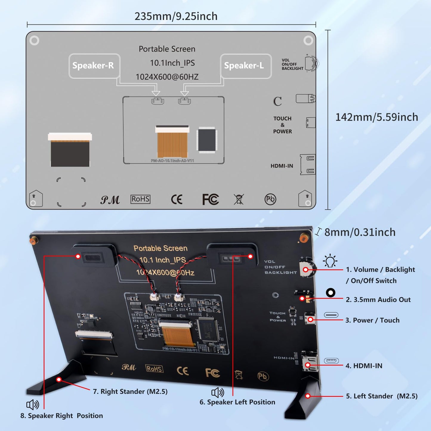 GeeekPi 10.1 Inch Capacitive Touchscreen Display, 1024x600 IPS LCD with Dual-Speaker, HDMI Portable Monitor for Raspberry Pi 5/4B/3B+/3B/B+/Zero/400, Win11/10/8/7, Free-Driver
