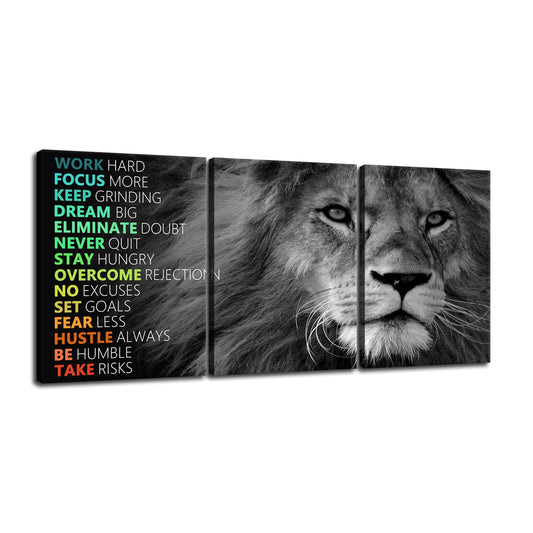 Inspirational Lion Wall Art 3 Pieces Poster Motivational Canvas Positive Wall Art Quotes Success Canvas Artwork Picture Print Framed for Home Office Living Room Gym Wall Decor [36''Wx 16''H]