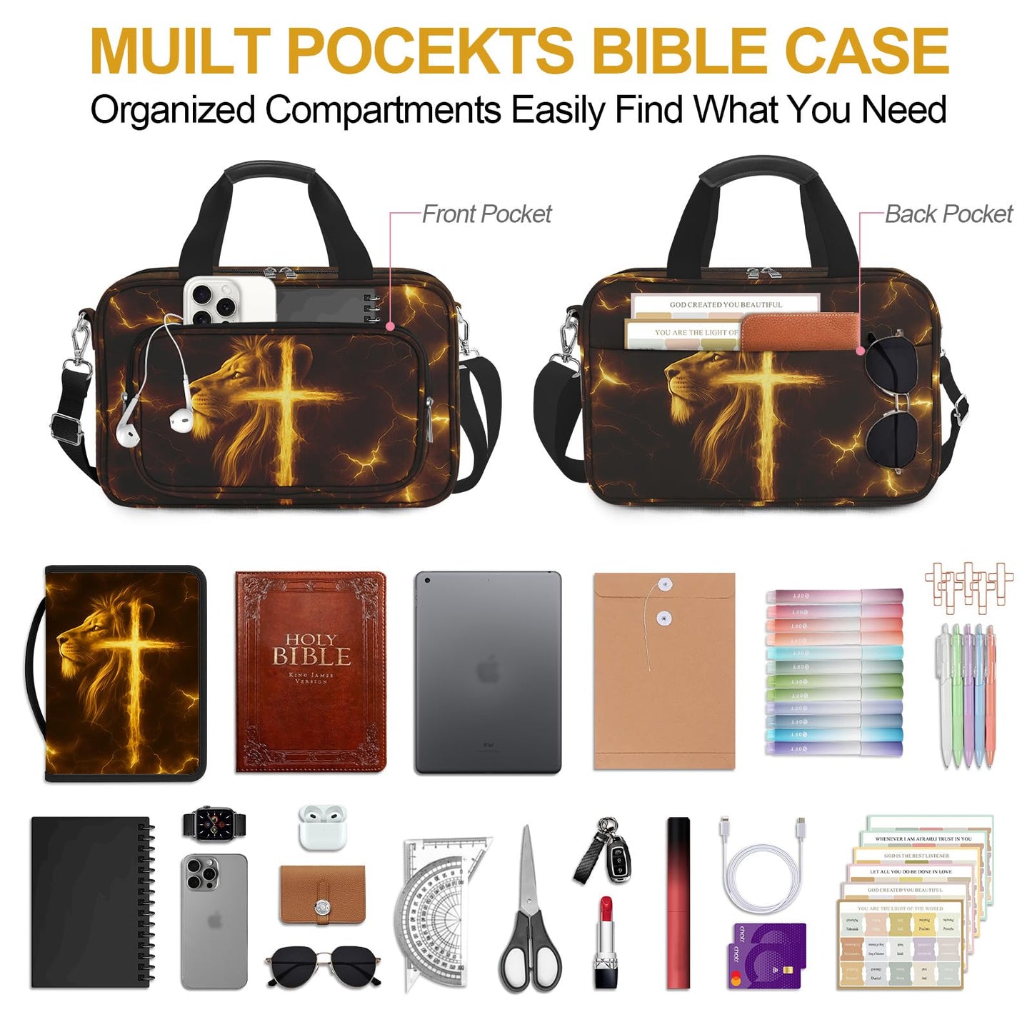 IBOVODI Lion Cross Bible Cover Case for Boys Kids, Large Men Bible Carrying Book Case Church Bag with Handle Zipper Pocket, Bible Study Supplies Journaling Kit, Highlighters Tabs Pens Cross Clips