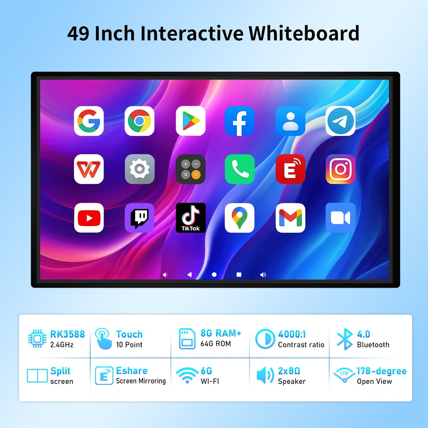 49" Smart Board, Electronic Interactive Smartboard for Classroom, Screen Mirroring, Android iOS 12, Digital Whiteboard for Presention Annotation Live Streaming(Wall Mount Included)