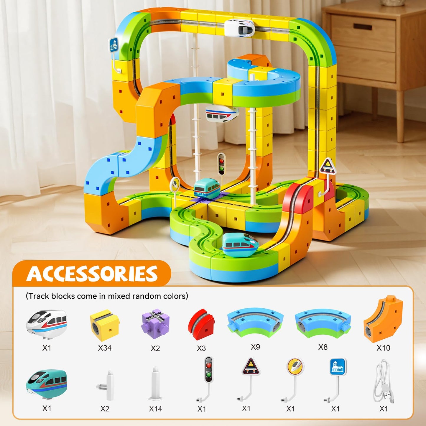 Upgrade Electric Train Set, 3D Cube Track-DIY Rail Cube Block Kit, STEM Gravity-Defying Motorized Trains Race Tracks Toys Gift for Kids Boys Girls Age 3 4 5 6 7 8+ (Master Set+2 Cars)