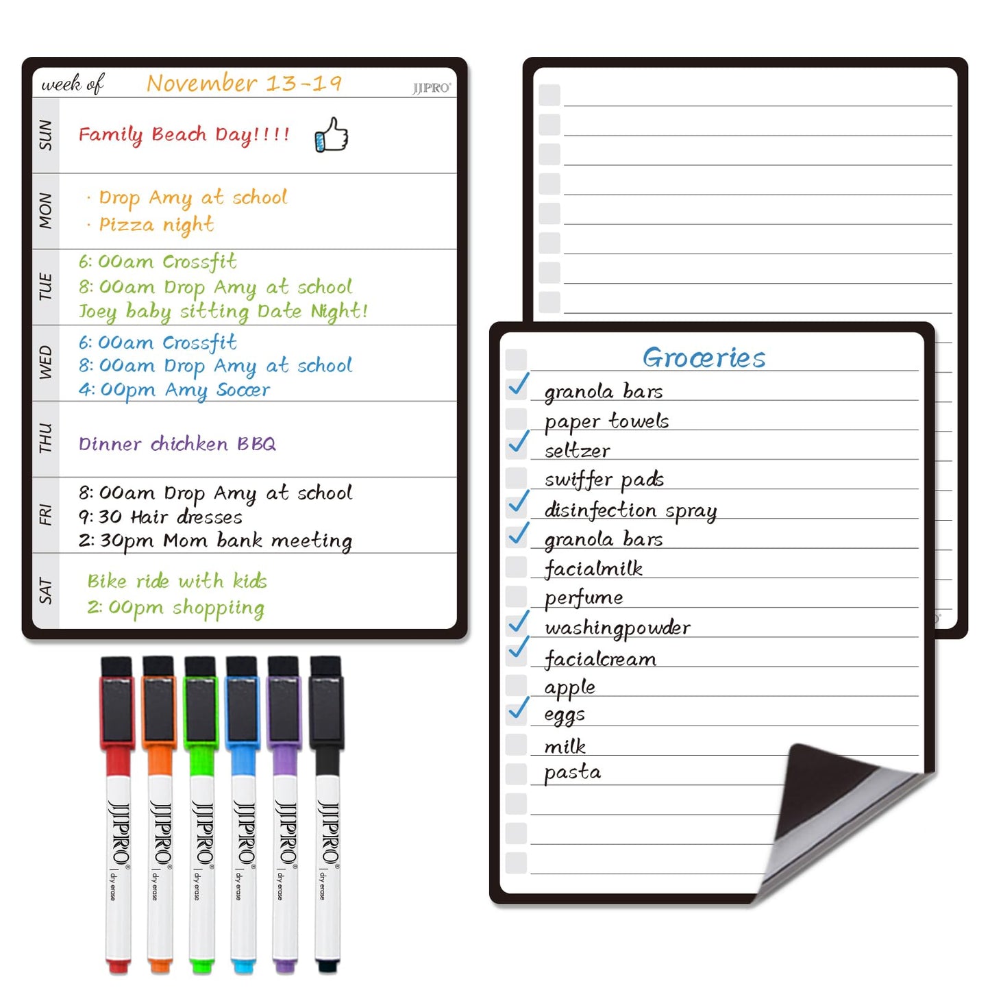 JPRO Magnetic Weekly Calendar and to Do List for Fridge - 8.5" x 6.5" Weekly Meal Planner for Refrigerator and Dry Erase Daily to-Do List -6 Markers Included!
