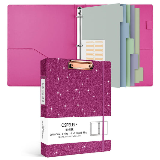 Ospelelf 3 Ring Binder 1 Inch, Vintage Leather Clipboard Binders, Binder Organizer Dividers with Tabs for Letter Size, Professional Office Portfolio, Glitter Pink