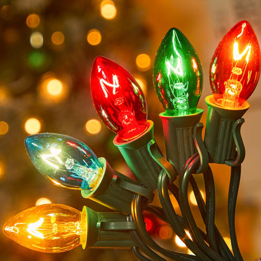 Minetom C7 Christmas String Lights - 50ft 2 Pack, Multicolor, Outdoor Indoor, Vintage Style, Model GYPC-O505BU