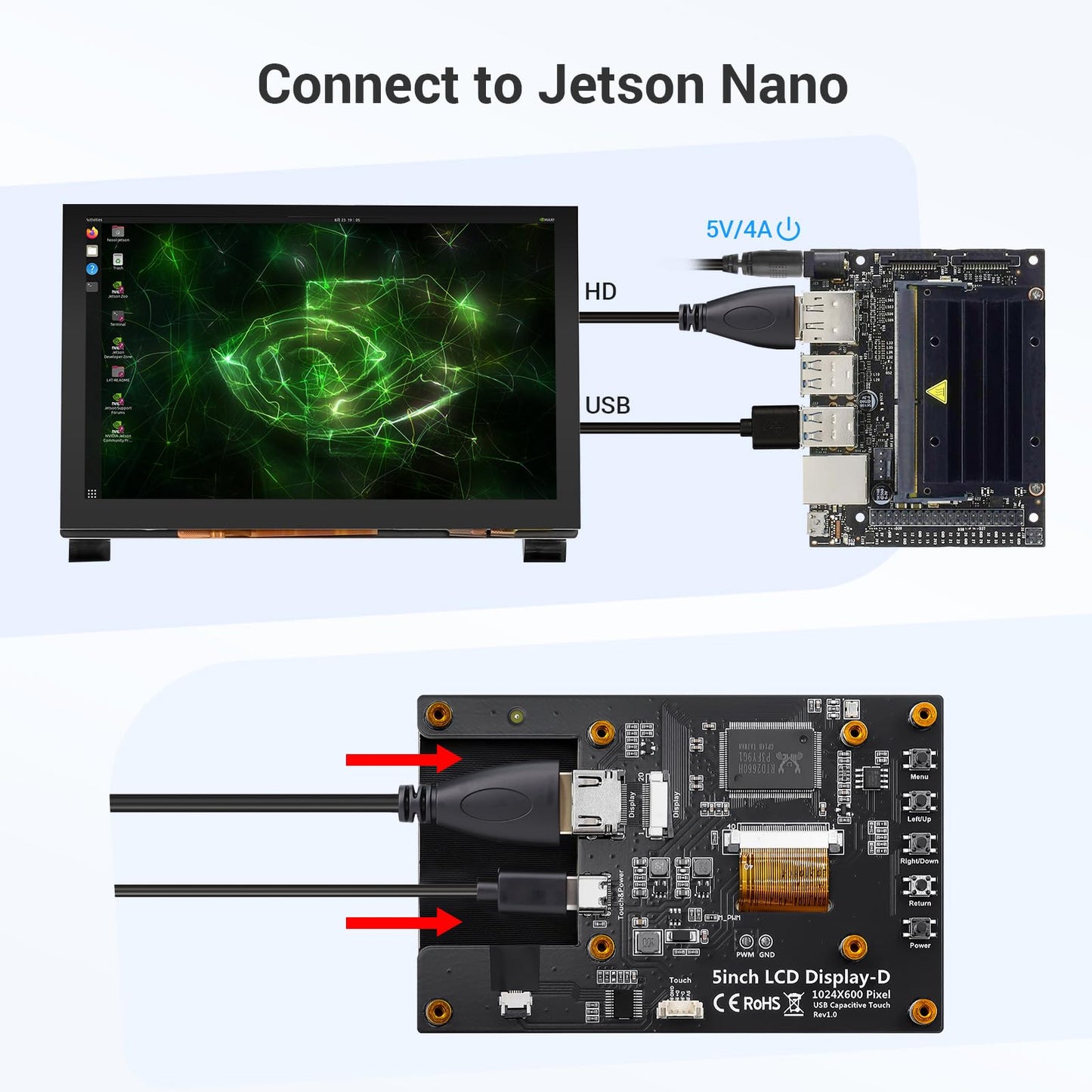ELECROW 5 Inch Touchscreen Monitor for Raspberry Pi, 1024X600 IPS HD Capacitive Touch Screen Display with Acrylic Stand, Plug and Play, Compatible with Raspberry Pi 5/4/3, Banana Pi, Jetson Nano