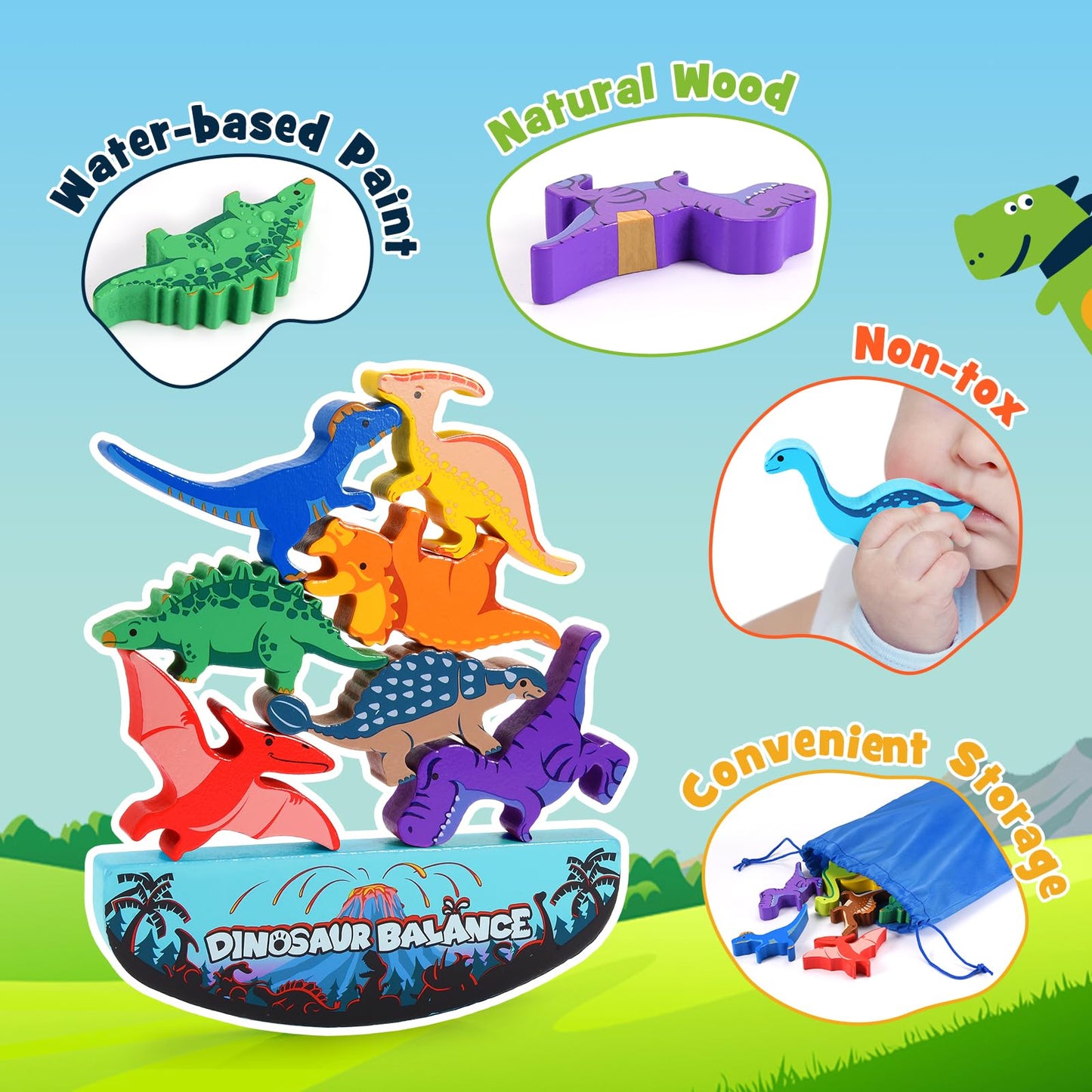 IPOURUP Dinosaur Toys for Kids 3-5: Wooden Stacking Montessori Toys for 3 4 5 6 7 8 Year Old Boys Girls Birthday Gifts for Kid Ages 4-8 Balance Competition Game for Family Stocking Stuffers