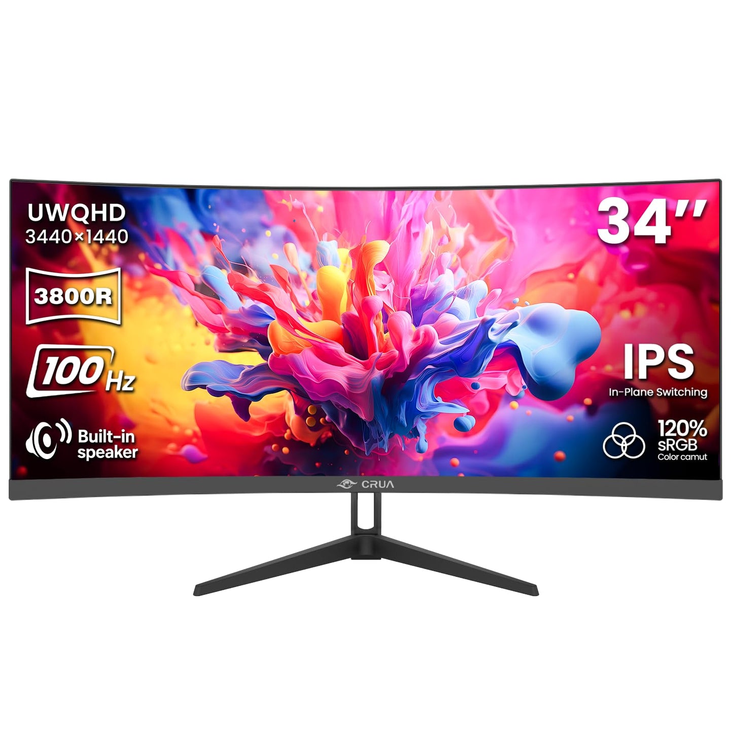 CRUA 34" Ultrawide Curved Monitor, 21:9 UWQHD 3440x1440 100Hz 3800R IPS Computer Monitors with Built-in Speakers, FreeSync, 120% sRGB, 92% DCI-P3, Blue Light Filter, HDMI 2.0 & DP 1.4, Wall Mountable