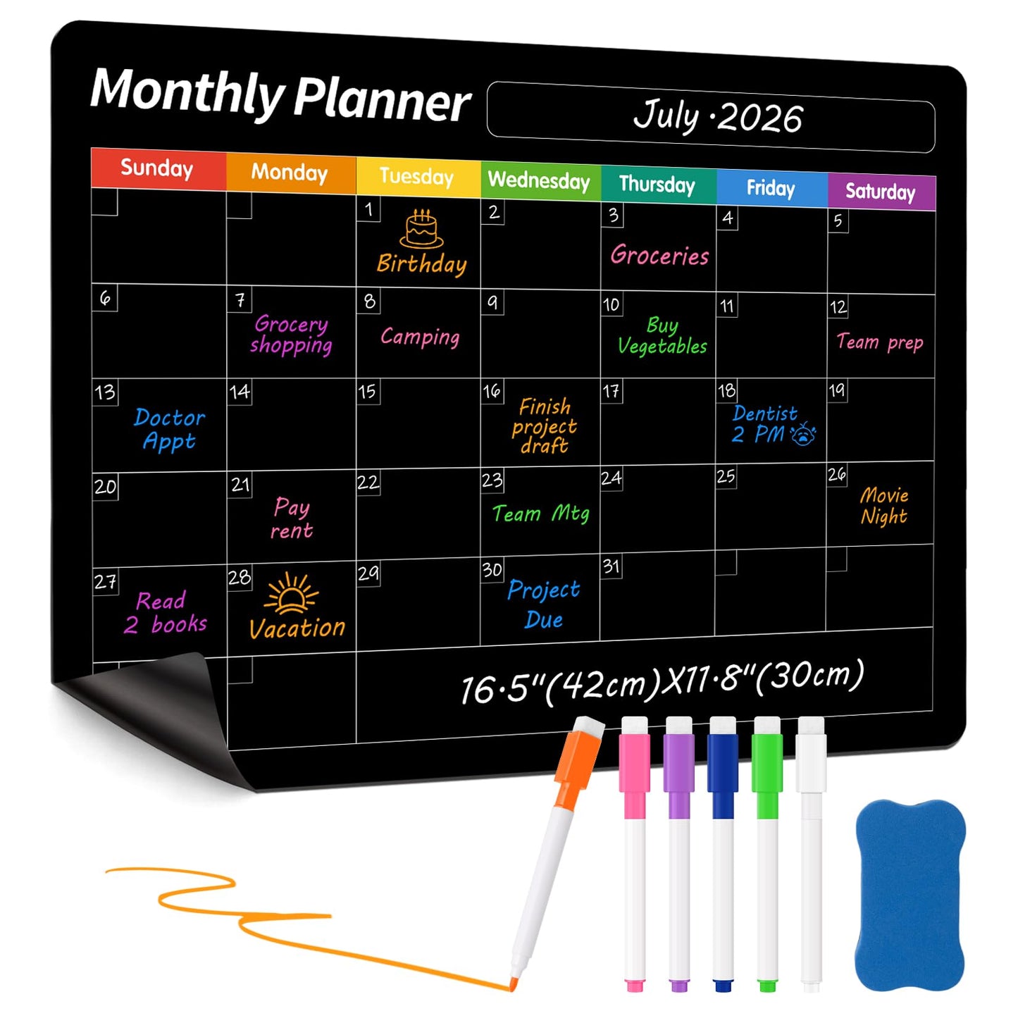 FINDMAG Magnetic Dry Erase Board, 16.5"x11.8" Magnetic Calendar for Planner 2026, Fridge White Board, Monthly Calendar for Fridge with 6 Markers & Eraser for Cleaning Schedule and Checklist