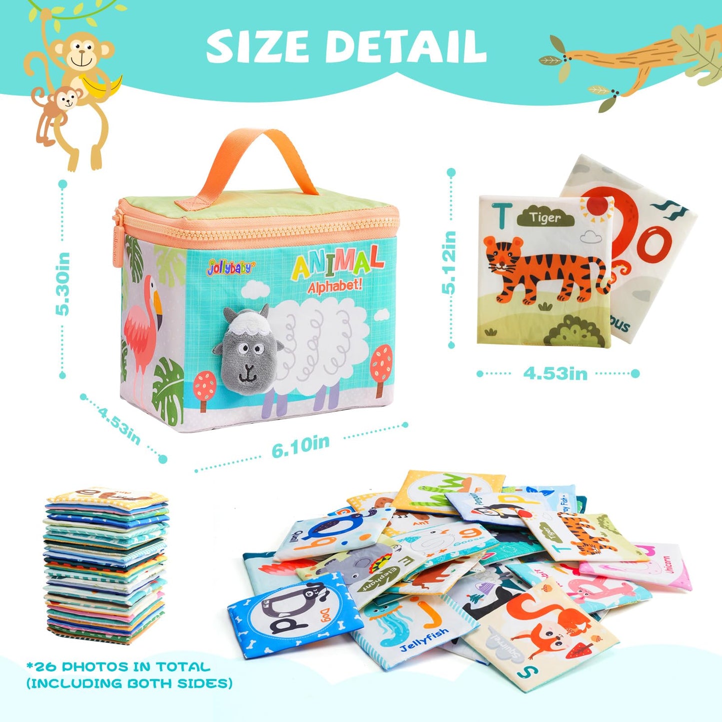 Jollybaby Reusable Soft Cloth ABC Alphabet/Letters Animal Flash Cards for Baby 0-6-12-18 Months, Curious Baby First Words Learning Activity Flashcards, Montessori Sight Words Toy - Easter Gifts