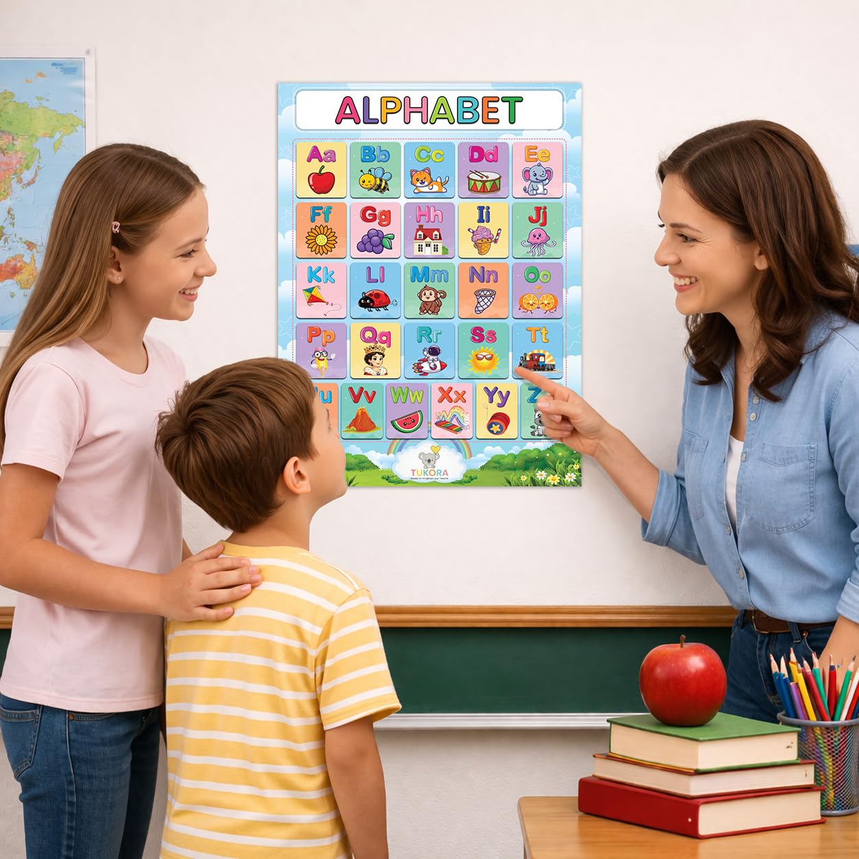 Tukora Alphabet Poster for Kids ABC Wall Chart with Uppercase and Lowercase Letters Colourful Educational Nursery Poster with Animals and Objects Preschool Classroom Learning Decor Premium UK Made