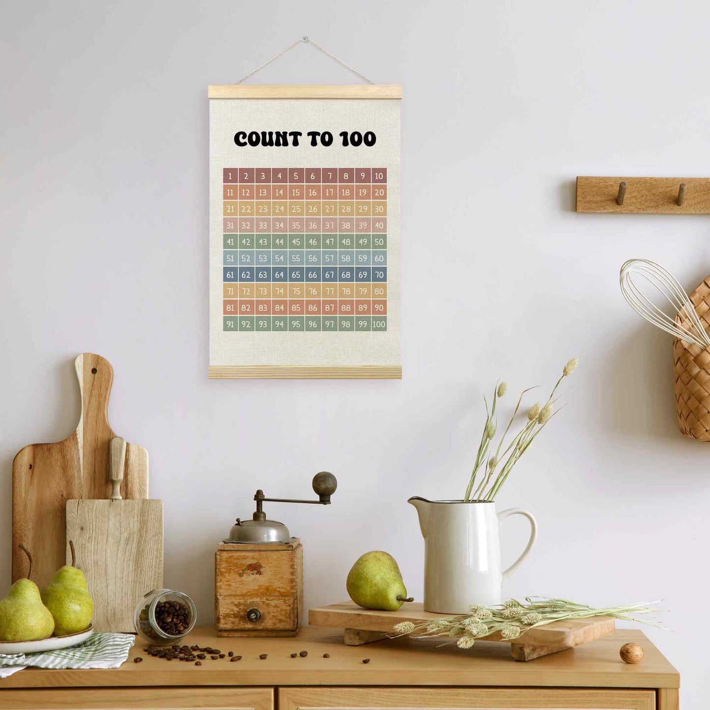 TLESKE Boho Classroom 1-100 Number Hundreds Chart Poster Hanger Frame, Homeschool Hanging Wall Art Decor for Toddlers Kids Room Nursery Playroom, Preschool Prek Learning Educational Poster, 16x24