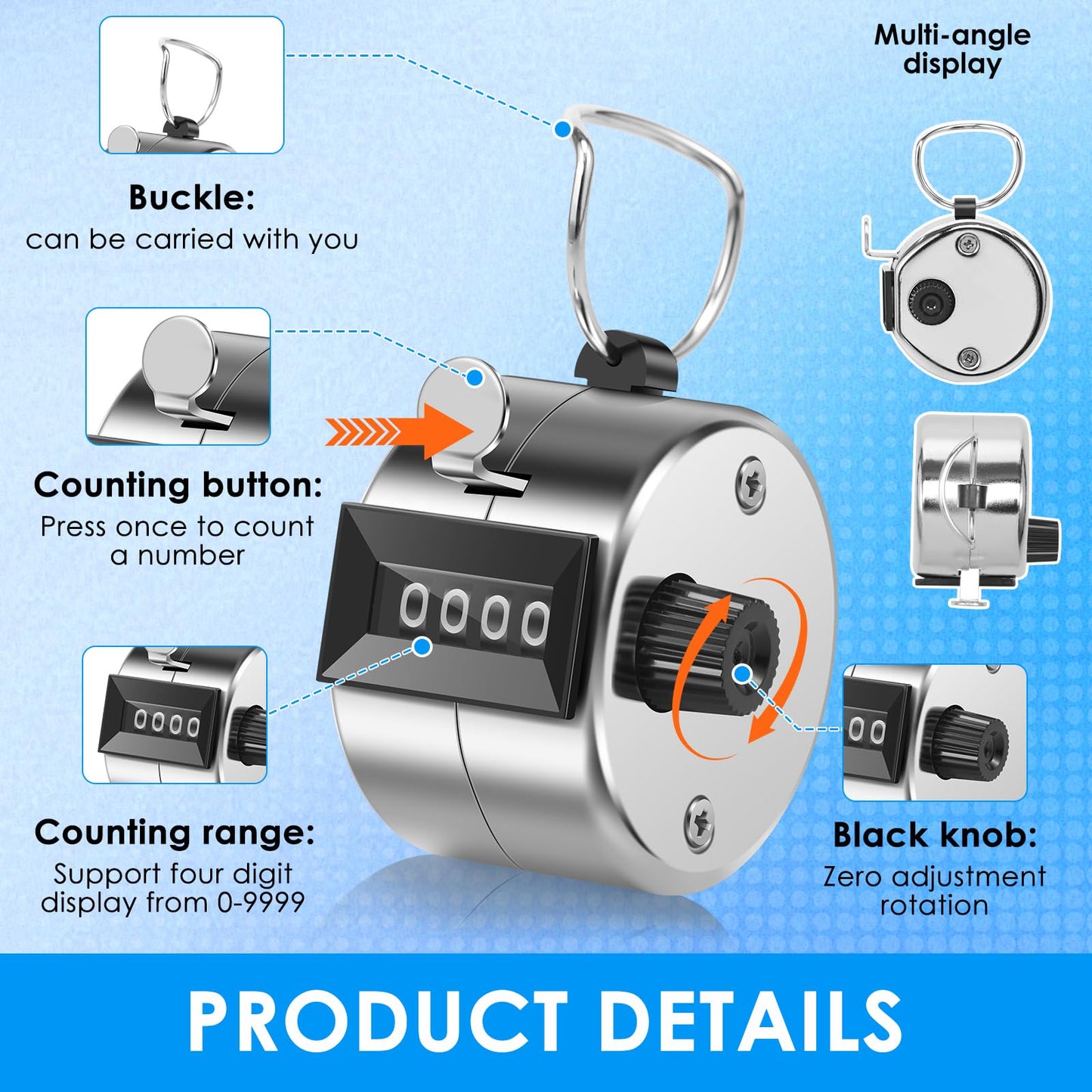 TMWEFUSC 20 Pack Clicker Counter， 4-Digital Metal Handheld Tally Counter， Hand Counter Clicker with Hanging Hook Pitch Counter for School Sport Event,Coaching Counting Numbers