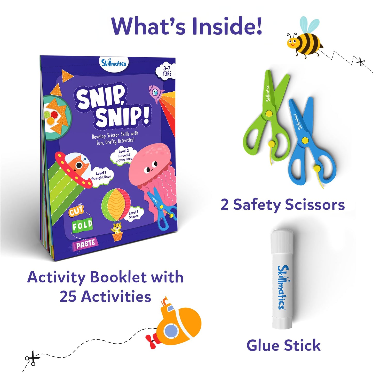 Skillmatics Scissor Skills Activity Book - Snip Snip, 25 Cutting Activities for Preschoolers, Felt Craft Kit, 2 Child-Safe Scissors, Fine Motor Skills, Screen-Free Fun, Gifts for Kids Ages 3-7