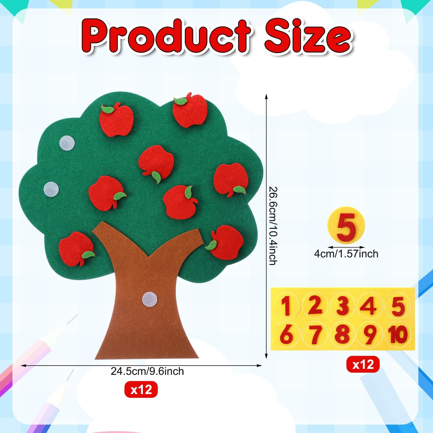 Junkin 12-Pack Bulk DIY Felt Apple Tree Numbers Set 1-10, Board Addition and Subtraction Math Games, Felt Board Activity for Classrooms, Holiday and Educational Interactive Learning