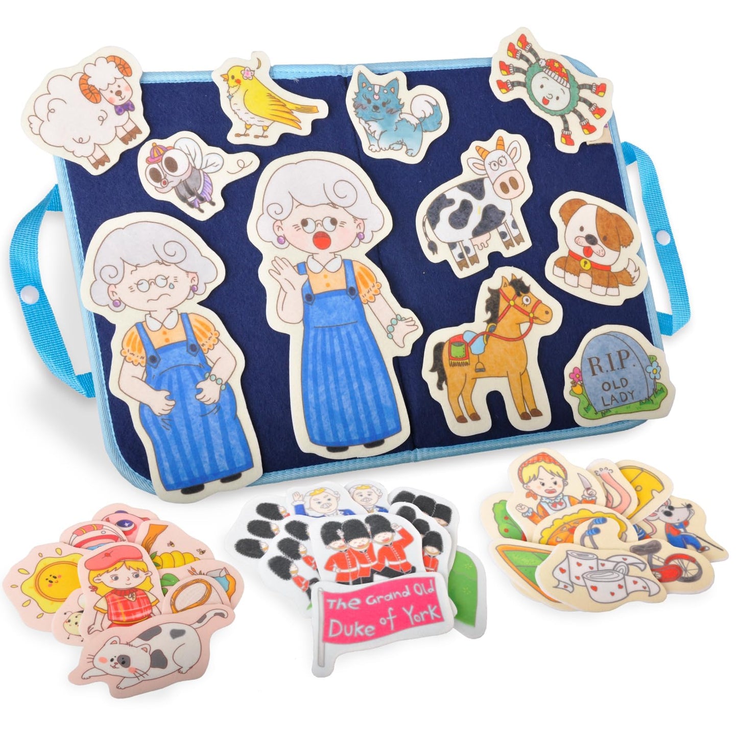 CHEFAN Felt/Flannel Board Story Set of 4, PRECUT Felt Pieces for Preschool Toddlers Circle Time,Old Lady Who Swallowed a Fly,The Grand Old Duke of York,Three Blind Mice