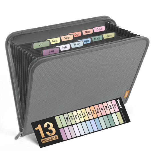 Sooez 13 Pocket Accordion File Organizer, Zipper Expanding File Folder Organizer, Reinforced Plastic Accordion Folder, A4 Letter Size, Portable Folders for Documents, Grey