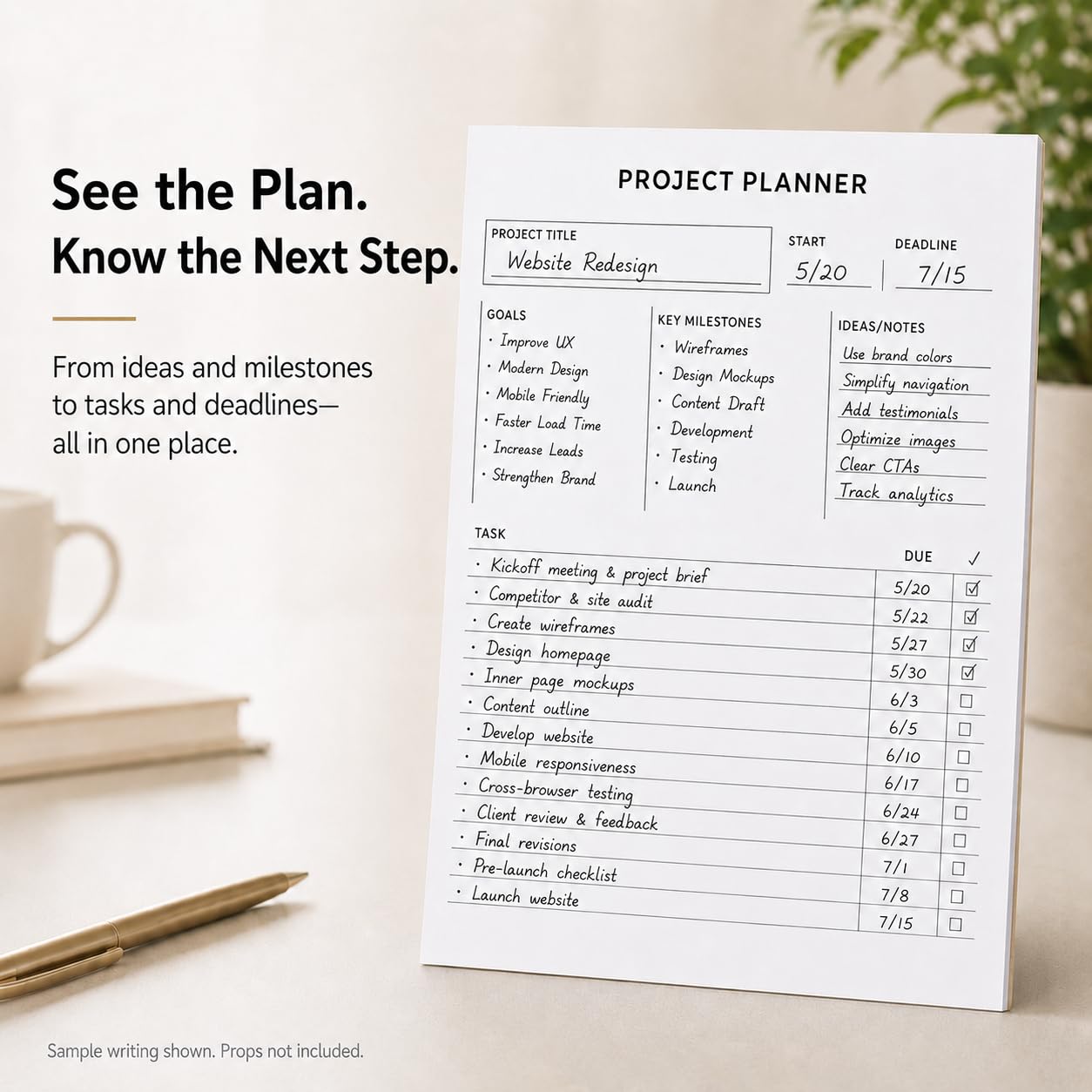 Fynora Project Planner Notepad, 8.5 x 11 Inch Tear-Off Project Planning Pad, 60 Sheets, Single-Sided Task Tracker with Goals, Milestones, Notes and Due Dates for Office, Work and School