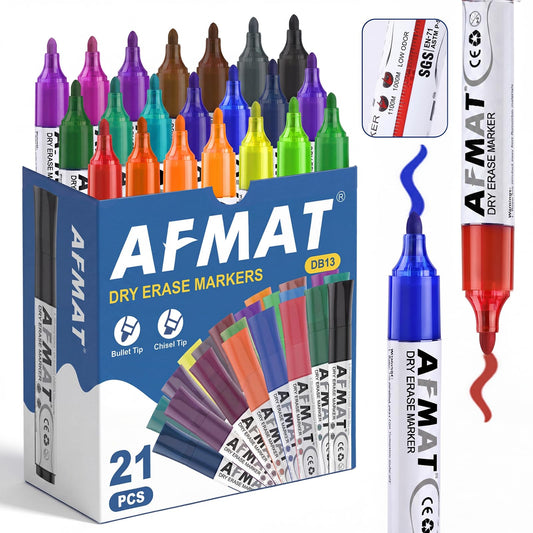 AFMAT Dry Erase Markers, Liquid Bullet Tip Whiteboard Markers with Visible Ink Window, Low Odor & Non-Toxic, 3X Large Capacity, No Residue for White Board, Classroom, Office, Home, 21 Colors, 21 Pack