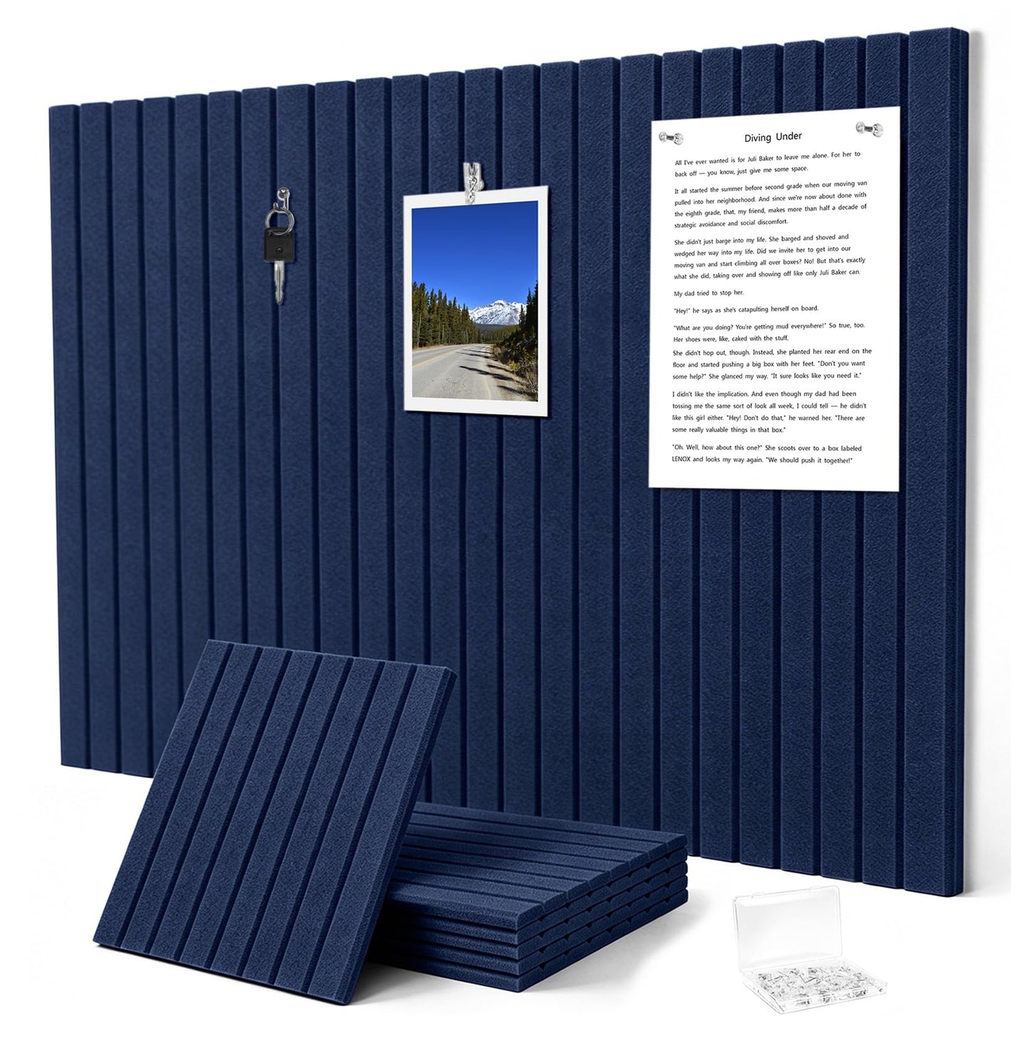 G Gamit 0.47" Thick Felt Pin Board 36"x24" Large Cork Board Alternative 6 Pack 11.81"x11.81"Felt Bulletin Board Wall Tiles Notice Board with 30 Pushpins for Home Office School(Fine-Dark Blue)