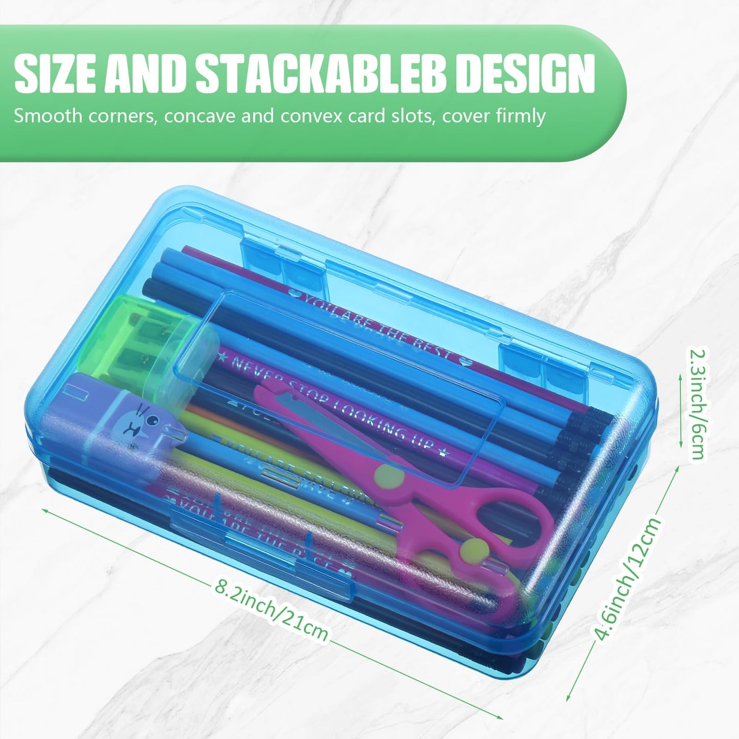 Fainne 24 Pack Pencil Boxes for School Clear Plastic Pencil Case Large Plastic Crayon Box Bulk Stackable Classroom Stationery Organizer School Supplies(Red, Blue, Green)