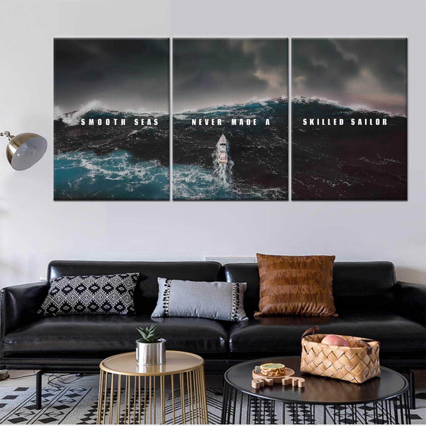 PSYYSP 3 Panel Canvas Prints Motivational Wall Art, Smooth Seas Never Made a Skilled Sailor Quote with Stormy Ocean Boat Scene for Living Room Office, Framed Canvas 60x28 Inch