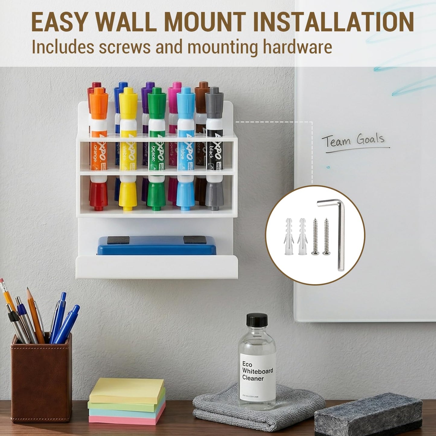 MyGift Dry Erase Marker Holder 10 Slots Whiteboard Marker Holder For Wall Dry Erase Eraser Holder Wall Mount White