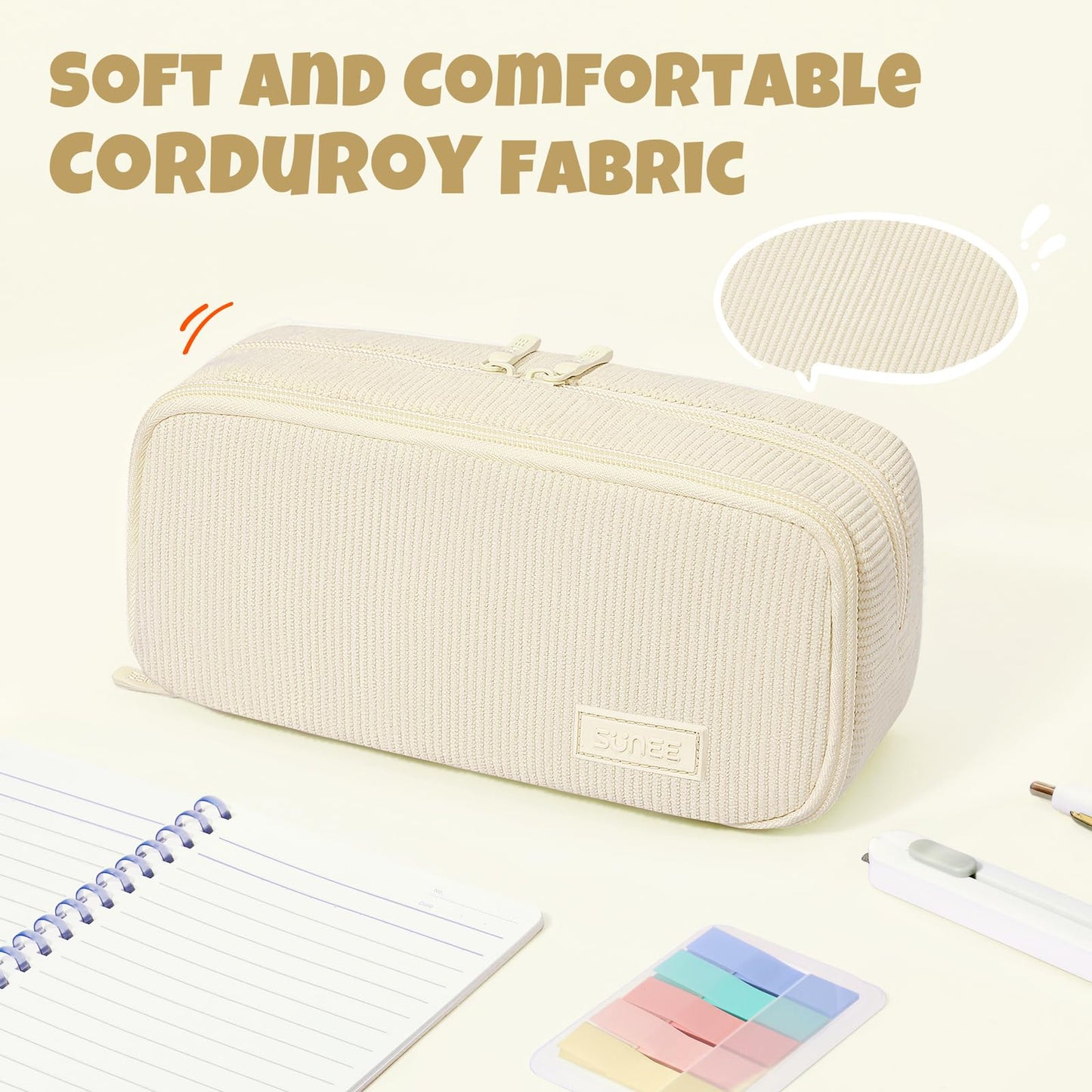 SUNEE Pencil Case, Large Capacity Pencil Pouch, Aesthetic Big Pen Bag, Soft Corduroy Fabric Pen Box for Office Stationery Organizer School Supplies Multifunctional for Teen Boys Girls Women Men, Cream