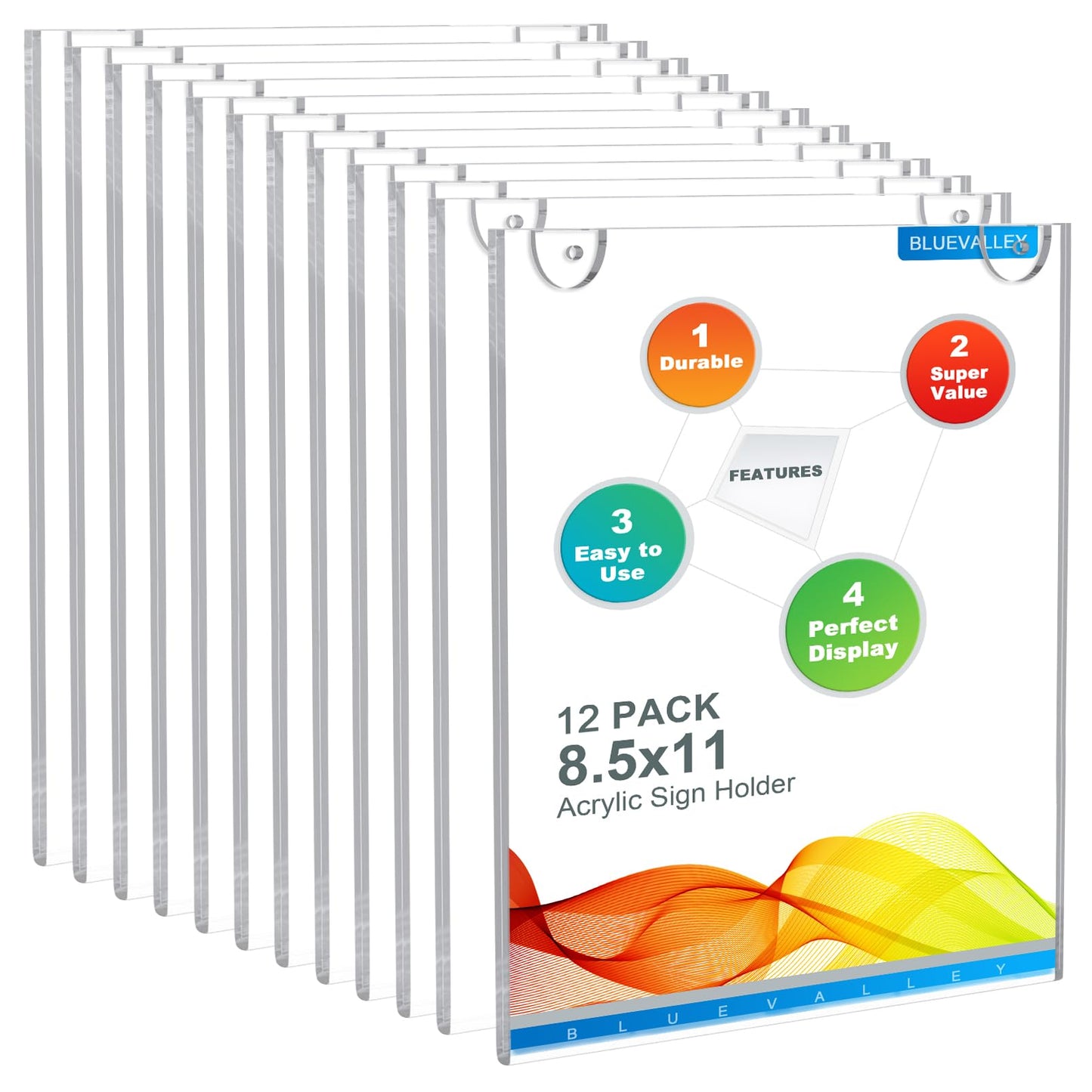 BlueValley Acrylic Sign Holder 8.5 x 11 Wall Mount - Vertical Clear Paper Display Holder with Mounted Tapes & Screws for Flyer, Document, Menu, Picture - Plastic Wall Frames for Offices, Homes, Restaurants, Stores - 12 Pack