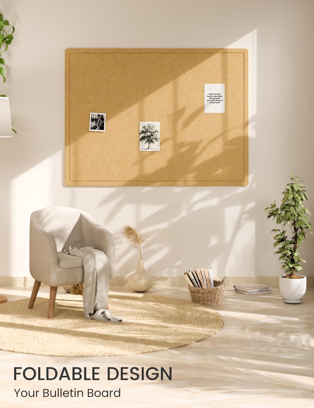 Fluxynara Large Bulletin Board, 47.2" x 35.4" Cork Board Alternative with 24 Safe Removable Adhesive Tabs, Foldable Felt Pin Board for Home Office, Classroom, Bedroom,Entryway for Walls—Mustard Yellow