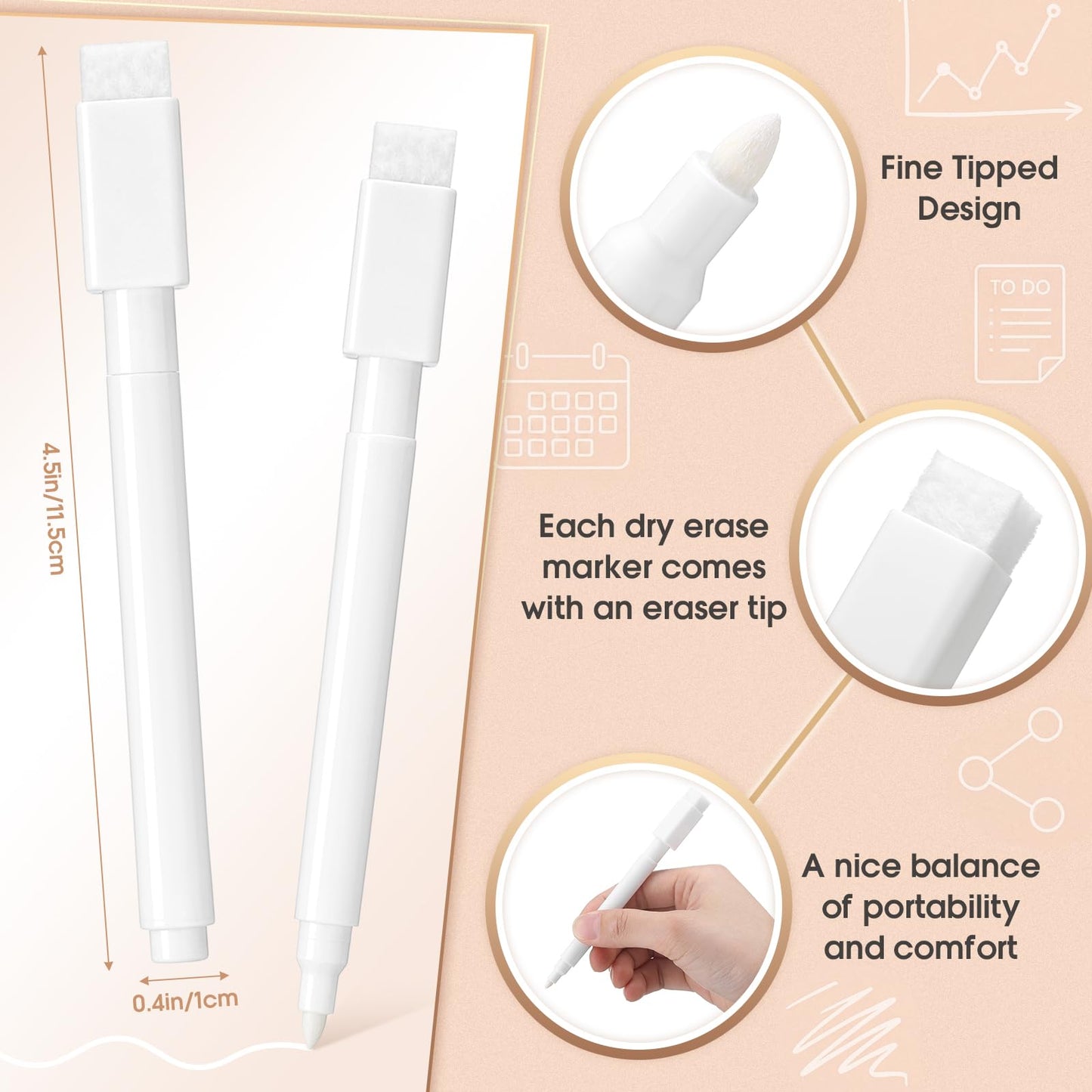 Poola Voidra 200 Pcs White Dry Erase Markers Pens Dry Erase Marker with Eraser Cap White Chalk Markers Pens Fine Point Tip Erases Marker Bulk Low Odor Blackboard Marking Pen for Office School Home