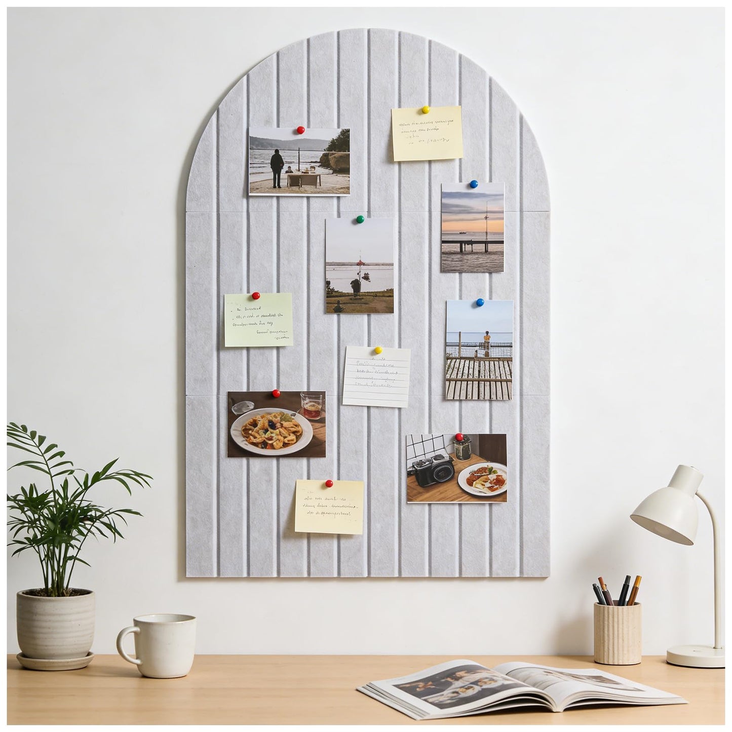Sawnfay Arched Felt Bulletin Board (Light Camel), 35"x24" Large Wall Decor, 6 Pcs Self-Adhesive Tiles with Push Pins, Felt Cork Board Alternative for Home Office Classroom