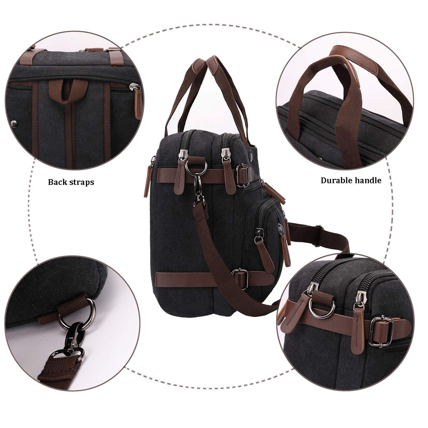 CROCOD 3 In 1 Canvas Convertible Laptop Bag for Men Women, 17.3 inch Laptop Messenger Bag Work Briefcase, Computer Shoulder Bag for Travel Business Office (17.3 Inch, Black)