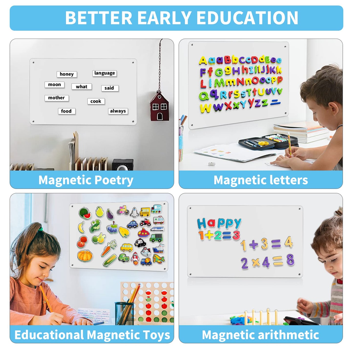 17.7" x 11.8" 2 Pack White Metal Magnetic Board - Magnet Bulletin Board to Display Magnetic Letters Numbers Animal, Poetry, Spice Jars, Notes, Photos, Suitable for Wall, Refrigerator, Cubicle
