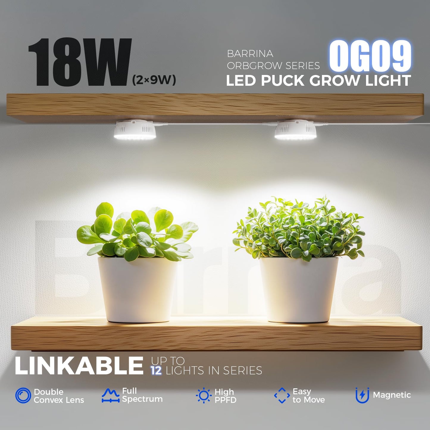 Barrina OG09 Puck LED Grow Light, 5000K, 18W (2 x 9W), Aluminum, 2 Packs