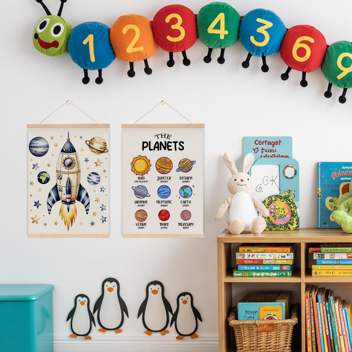 2PCS Solar System Poster Hanger, The Planets Classroom Decor,Outer Space Planets Poster Hanging Banner With Wooden Frames for Boys Girls Room Nursery Playroom Decorations 15.8x11.8 Inch
