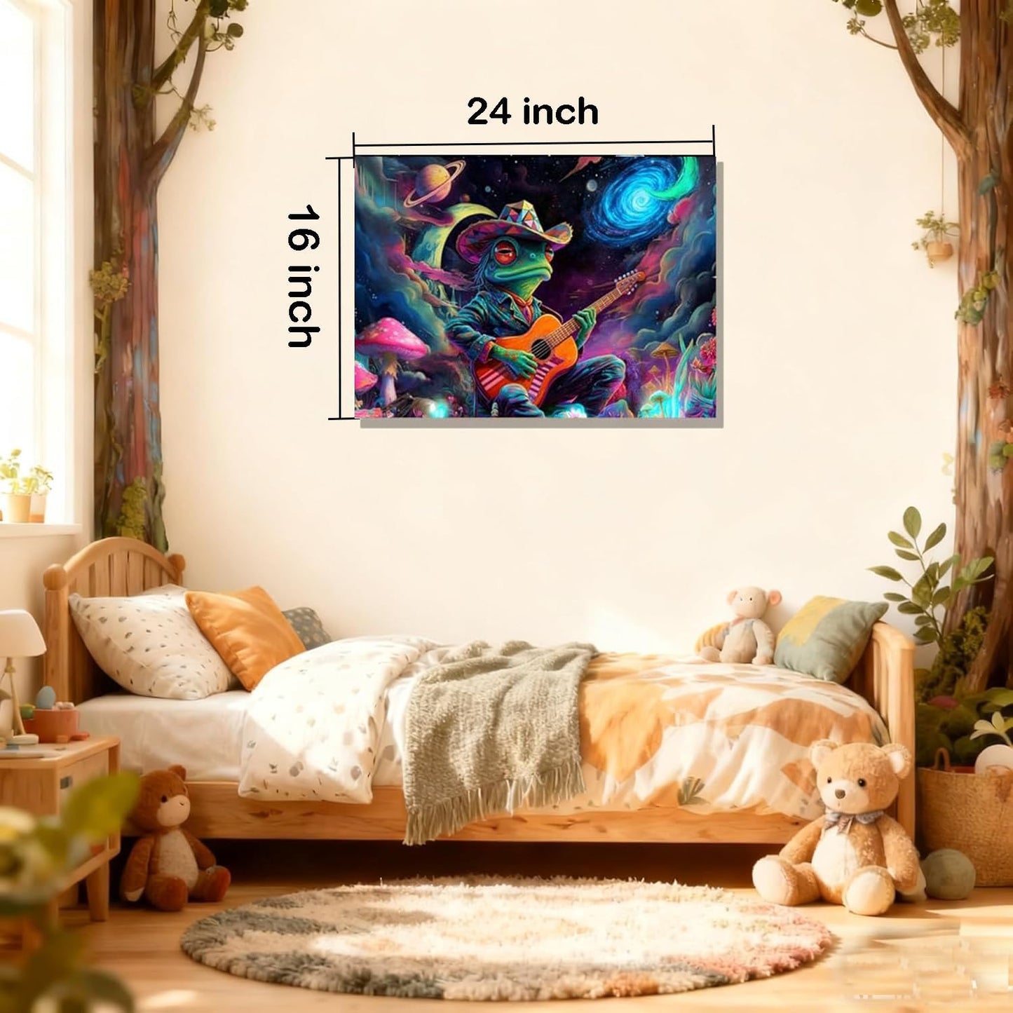 16x24 Psychedelic Space Frog Canvas Wall Art, Colorful Framed Cosmic Mushroom Guitar Player Kids Trippy Room Decor Teen Boys Bedroom Wall Posters Children Home Game Prints Gift Painting