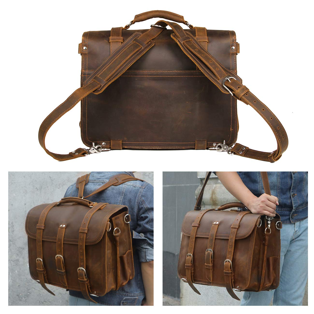 Augus Leather Messenger Bag for Men Briefcase Travel Backpack Shoulder Bag Fit 17'' Laptop