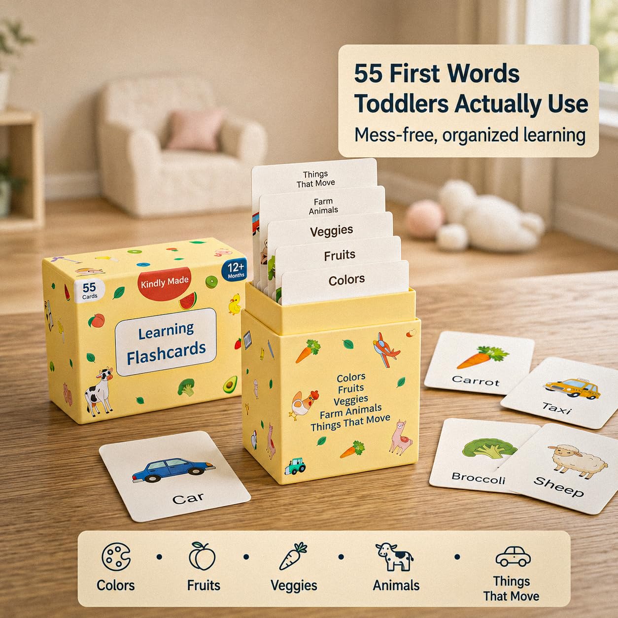 Flash Cards for Toddlers 1–3 – 55 Thick & Durable Learning Flashcards, First Words, Real-Life Images, Montessori Toy 12+ Months