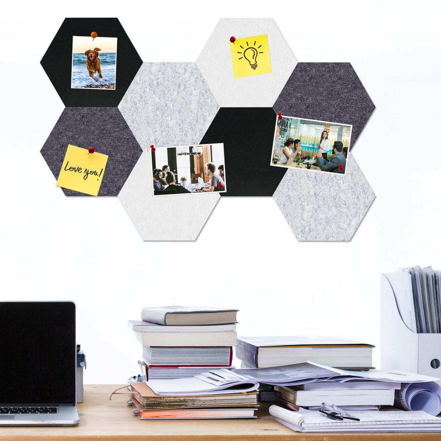 HULAVO Large Hexagon Felt Cork Board Tiles, Self Adhesive DIY Felt Bulletin Board Pin Board with 35 Pushpins for Office School Home Wall Decor(Black+Deep Grey+Light Grey)