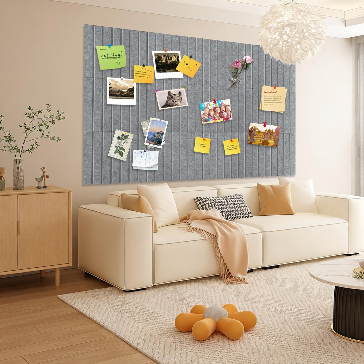 15 Pack Felt Bulletin Board, 35" x 59" Large Grey Pinboard with 30 Push Pins, Felt Pin Board, Self-Adhesive Cork Board Tiles for Home, Office Walls, School Classroom Message Photos Display