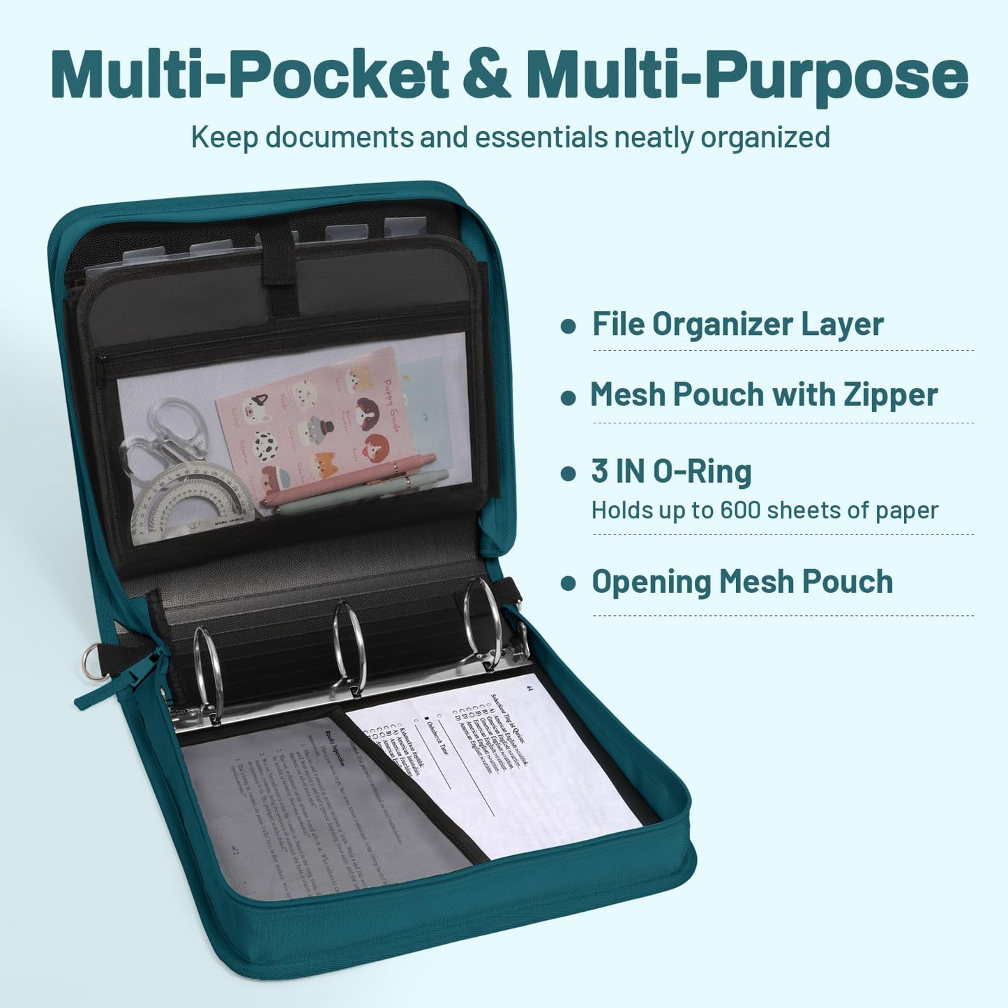 SUNEE Zipper Binder 3 Ring, 3 Inch O-Ring with Handle and Shoulder Strap, 600-Sheet Capacity, 5-Tab Expanding File Folder, Multi-Pockets for Middle School Organizer Binder with Zipper, Dark Teal-Green