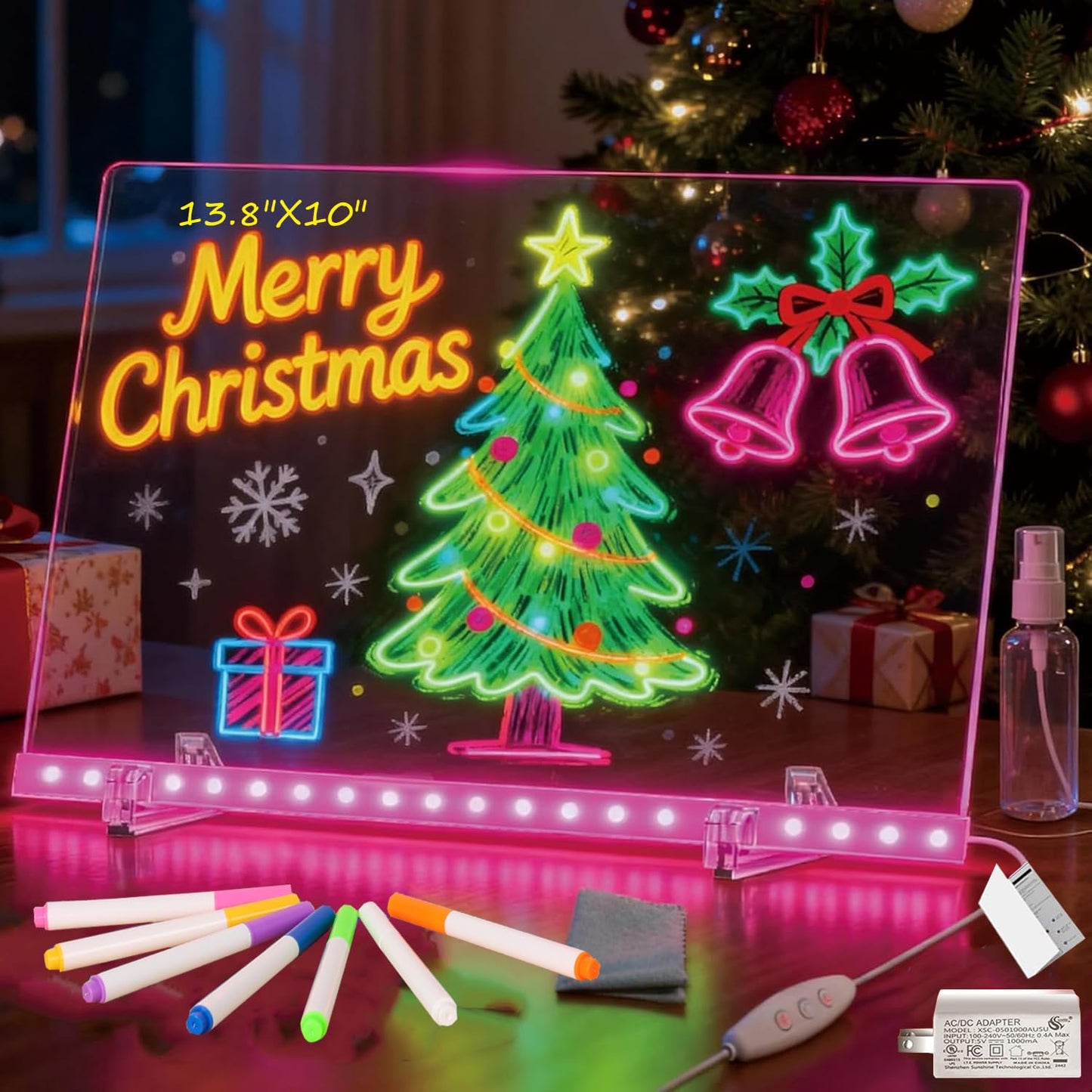 LED Note Board with Colors, 13.8"X10" 4 Modes & 7 Colors Rewritable LED Acrylic Drawing Board, Holiday Trend Gift, for Schools, Home Offices