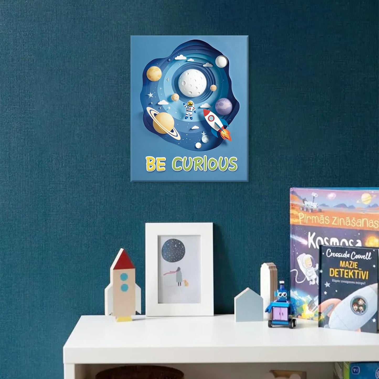 CHDITB Space Astronaut Kids Framed Canvas Wall Art Nursery Inspirational Artwork,Outer Space Galaxy Wall Decor,Rocket Planets Motivational Poster,Boys Prints For Living Room Bedroom Decor 8”X10”X6
