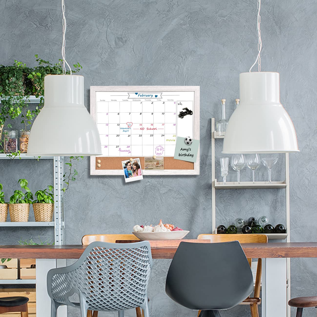 Dry Erase Calendar Whiteboard for Wall, Combination Magnetic Dry Erase White Board & Bulletin Board, 13" x 17" White Wood Framed Calendar/Cork Combo Board,Including 8 Markers and 1 Eraser(WH-3343+1)