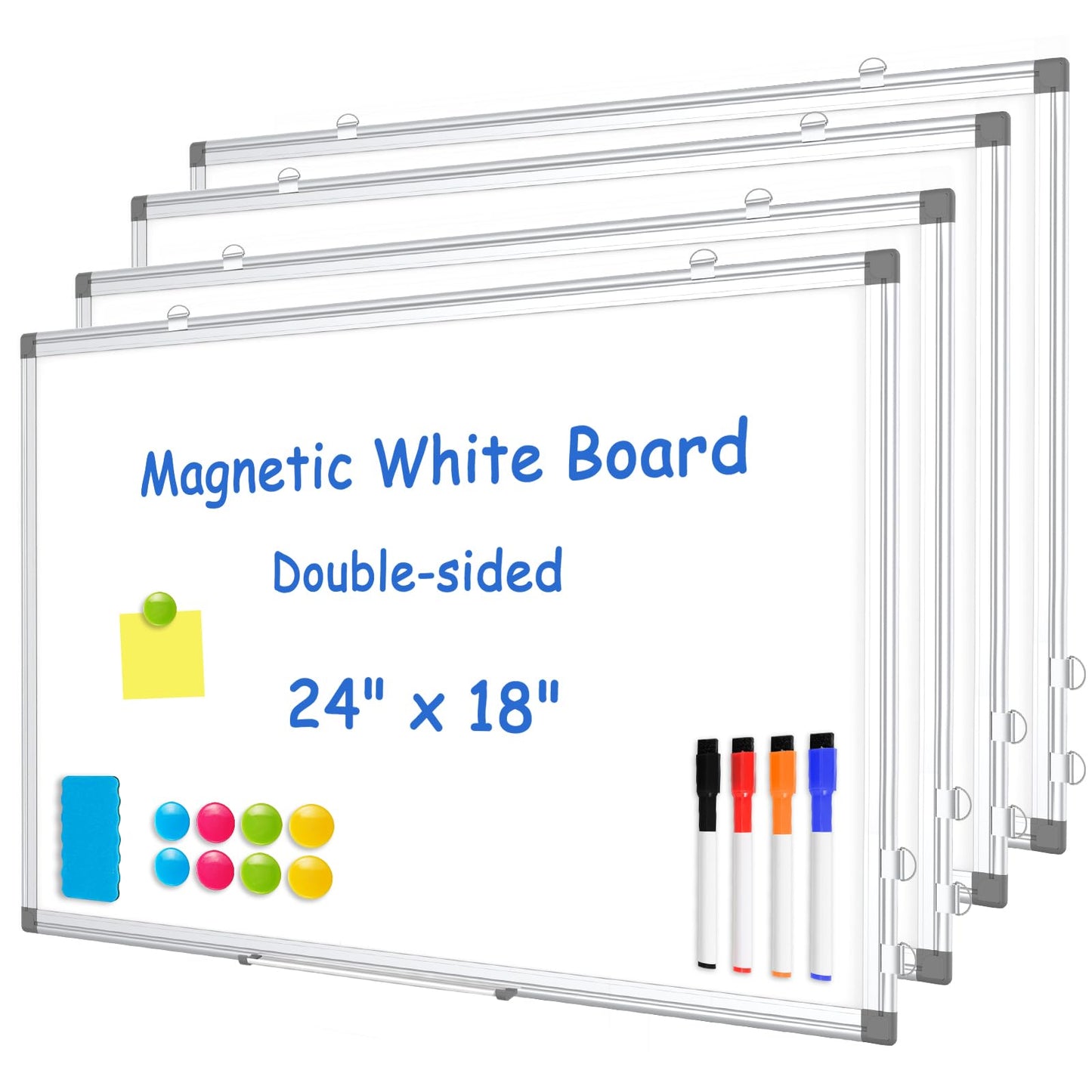 WALGLASS 4 Pack White Board, 24" x 18" Double-Sided Dry Erase White Board for Wall, Hanging Mounted Whiteboard, Horizontal or Vertical Silver Aluminium Frame for Home, School, Office, Kitchen