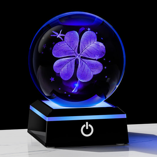 Qianwei 3D Four Leaf Clover 80mm Crystal Ball Good Luck Gifts Ideas with Multicolor Lighting Base - Irish Gifts for Women Decor 4 Leaf Clover